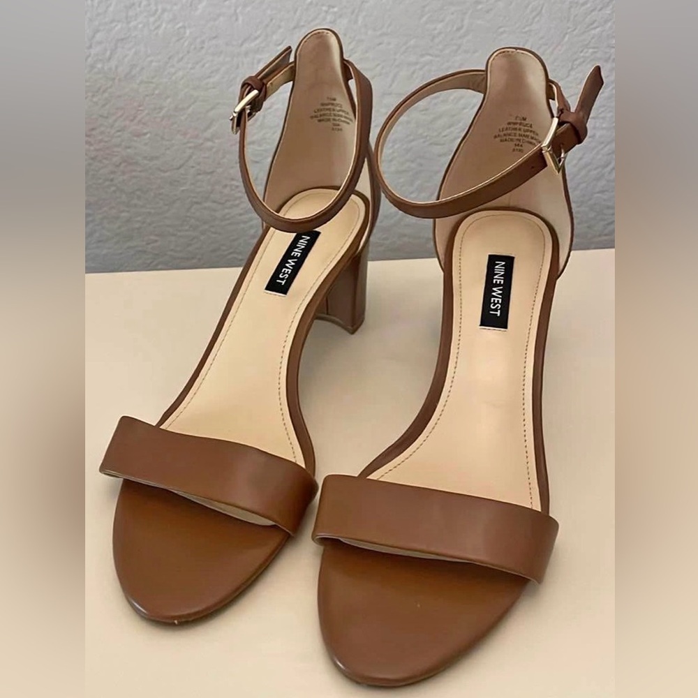 Nine West Tan Brown Leather Ankle-Strap Block Heels